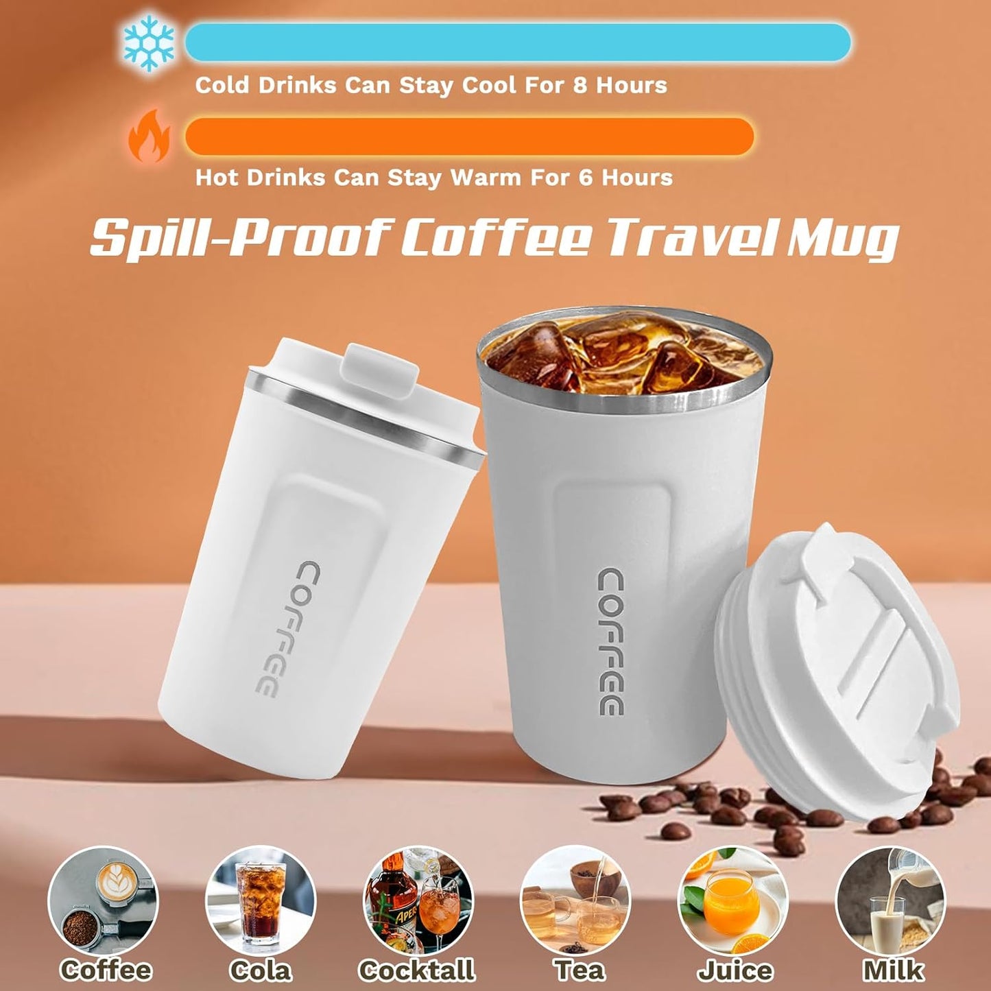 Travel coffee mugs leak-proof, reusable coffee cup with lid, stainless steel vacuum insulated coffee tumblers, thermal insulation cups for men & women keep drinks hot & cold (2nd-Yellow, 17OZ)