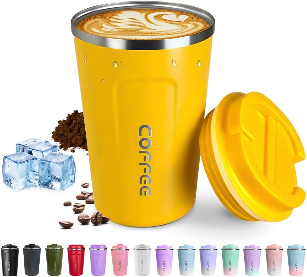 Travel coffee mugs leak-proof, reusable coffee cup with lid, stainless steel vacuum insulated coffee tumblers, thermal insulation cups for men & women keep drinks hot & cold (2nd-Yellow, 17OZ)