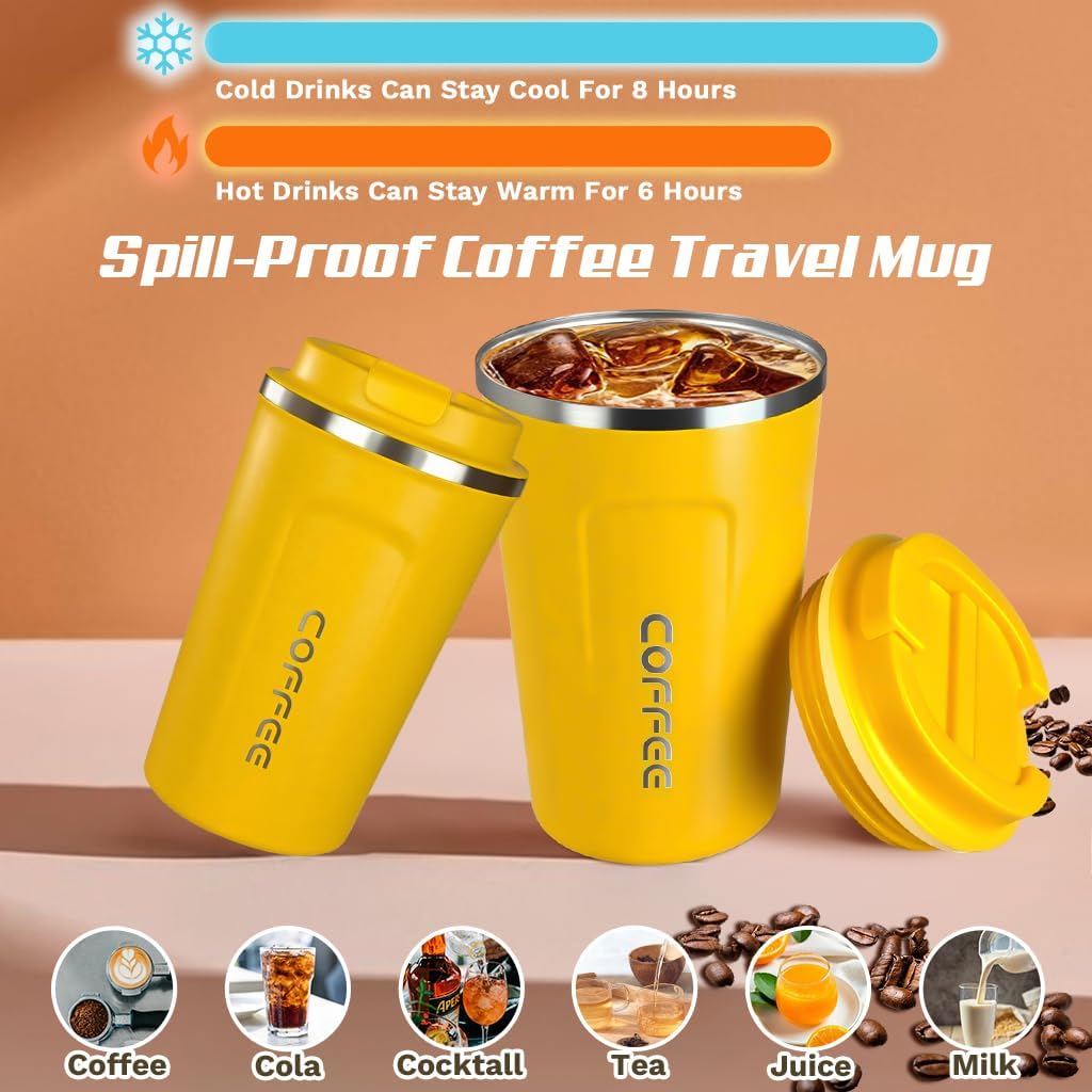 Travel coffee mugs leak-proof, reusable coffee cup with lid, stainless steel vacuum insulated coffee tumblers, thermal insulation cups for men & women keep drinks hot & cold (2nd-Yellow, 17OZ)