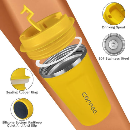 Travel coffee mugs leak-proof, reusable coffee cup with lid, stainless steel vacuum insulated coffee tumblers, thermal insulation cups for men & women keep drinks hot & cold (2nd-Yellow, 17OZ)