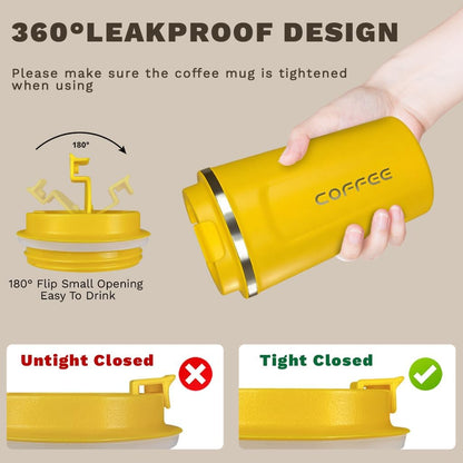 Travel coffee mugs leak-proof, reusable coffee cup with lid, stainless steel vacuum insulated coffee tumblers, thermal insulation cups for men & women keep drinks hot & cold (2nd-Yellow, 17OZ)