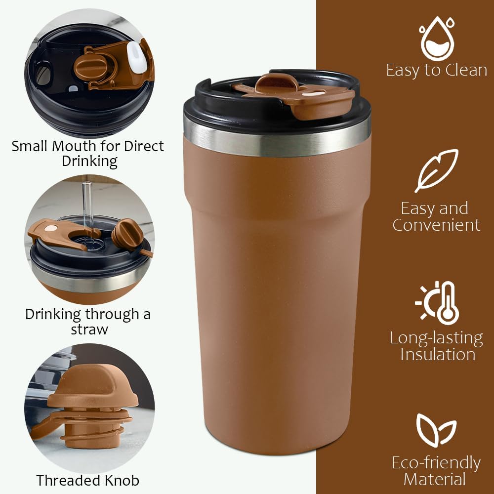Travel coffee mugs leak-proof, reusable coffee cup with lid, stainless steel vacuum insulated coffee tumblers, thermal insulation cups for men & women keep drinks hot & cold (2nd-Yellow, 17OZ)