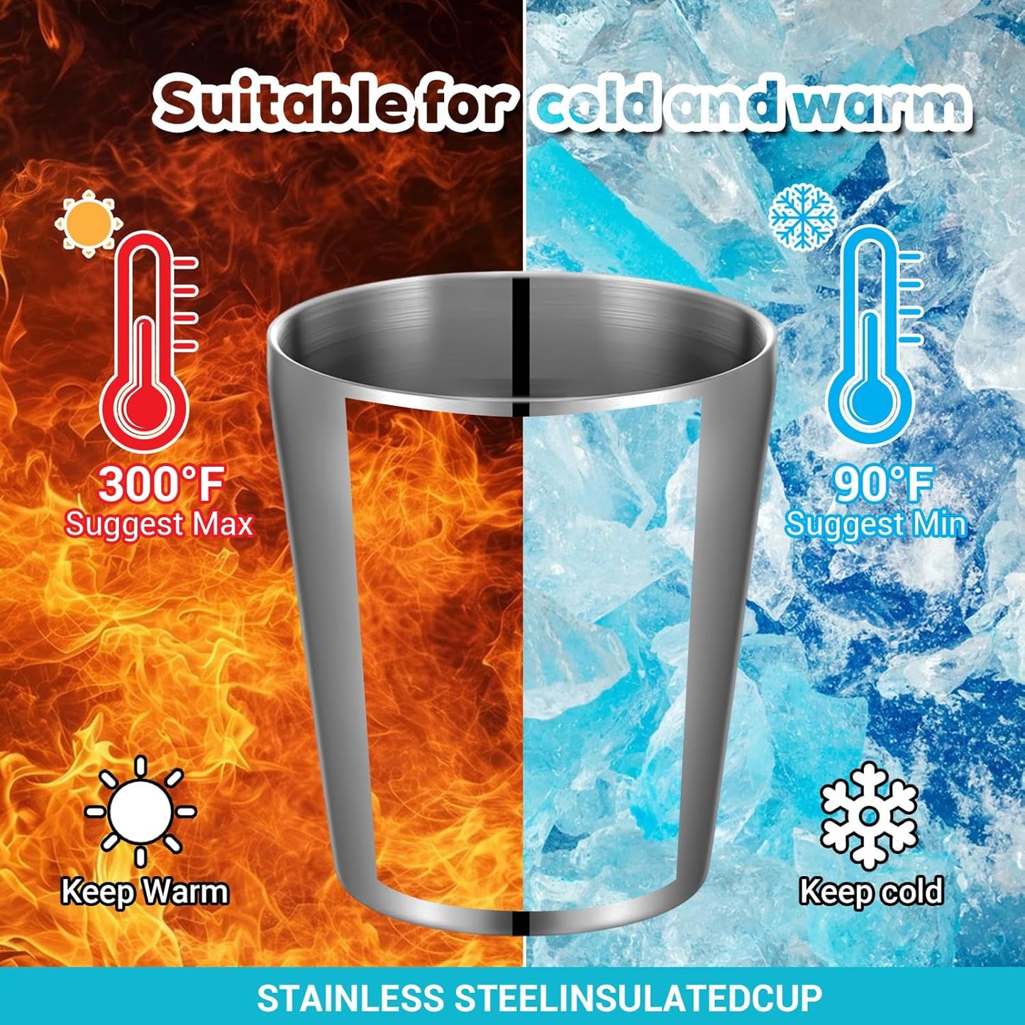 8 Pack 10 oz Stainless Steel Insulated Cups, Double Wall Vacuum | Metal Tumbler Stackable Camping Drinking Water Glasses Unbreakable Reusable Mugs for Travel Indoor Outdoor Party Supplies