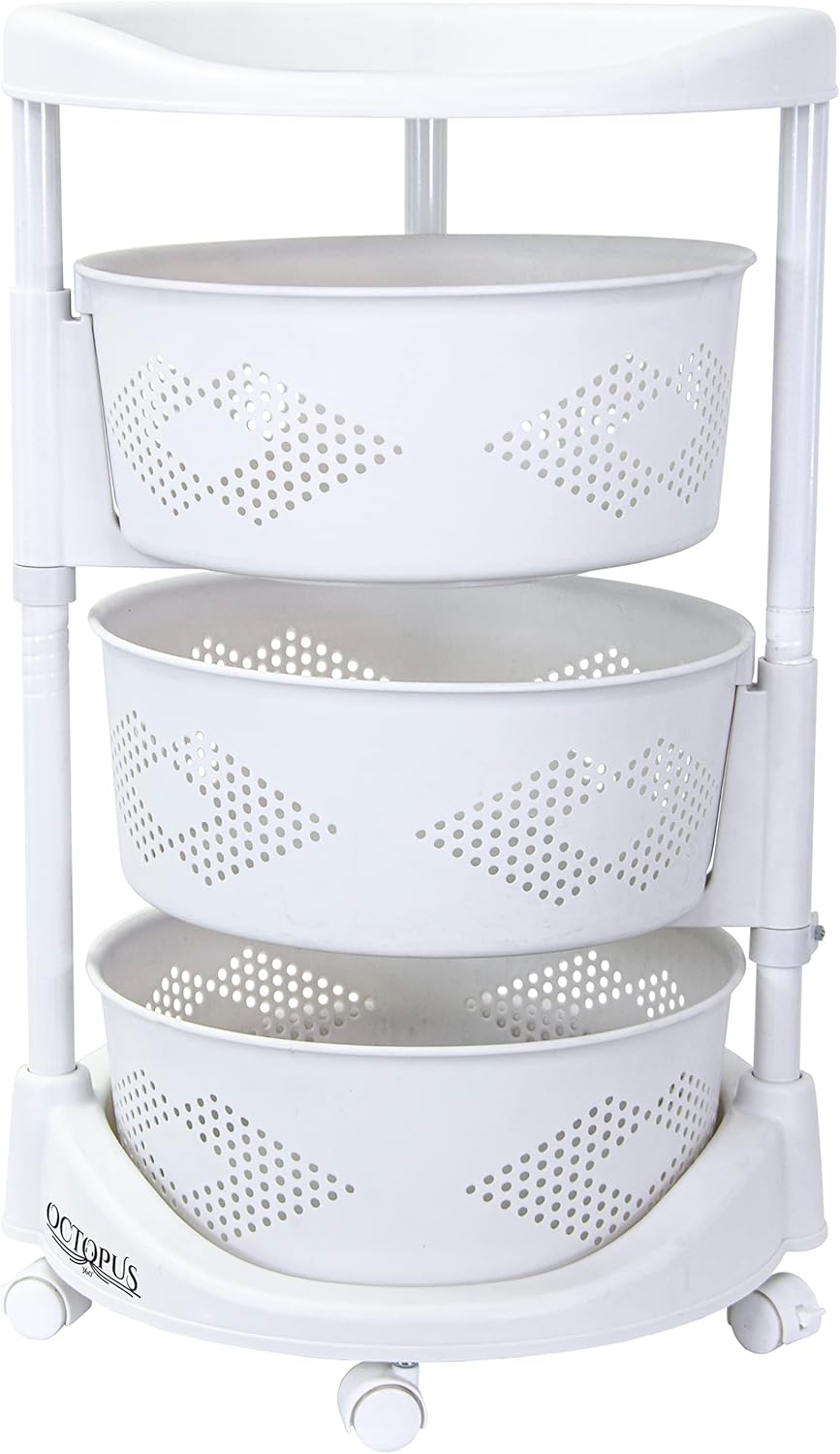 dbest Products Octopus 360 4 Tier Rolling cart Kitchen Organization Plastic Rotating Fruit Basket Teacher Classroom Supplies Organizer Makeup Storage Hair Salon Trolley Swivel Lockable Wheels Bar