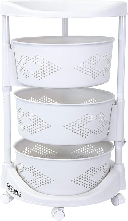 dbest Products Octopus 360 4 Tier Rolling cart Kitchen Organization Plastic Rotating Fruit Basket Teacher Classroom Supplies Organizer Makeup Storage Hair Salon Trolley Swivel Lockable Wheels Bar