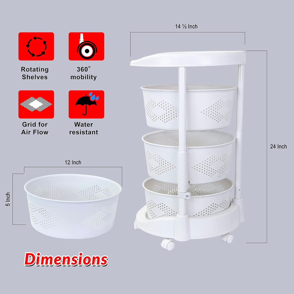 dbest Products Octopus 360 4 Tier Rolling cart Kitchen Organization Plastic Rotating Fruit Basket Teacher Classroom Supplies Organizer Makeup Storage Hair Salon Trolley Swivel Lockable Wheels Bar