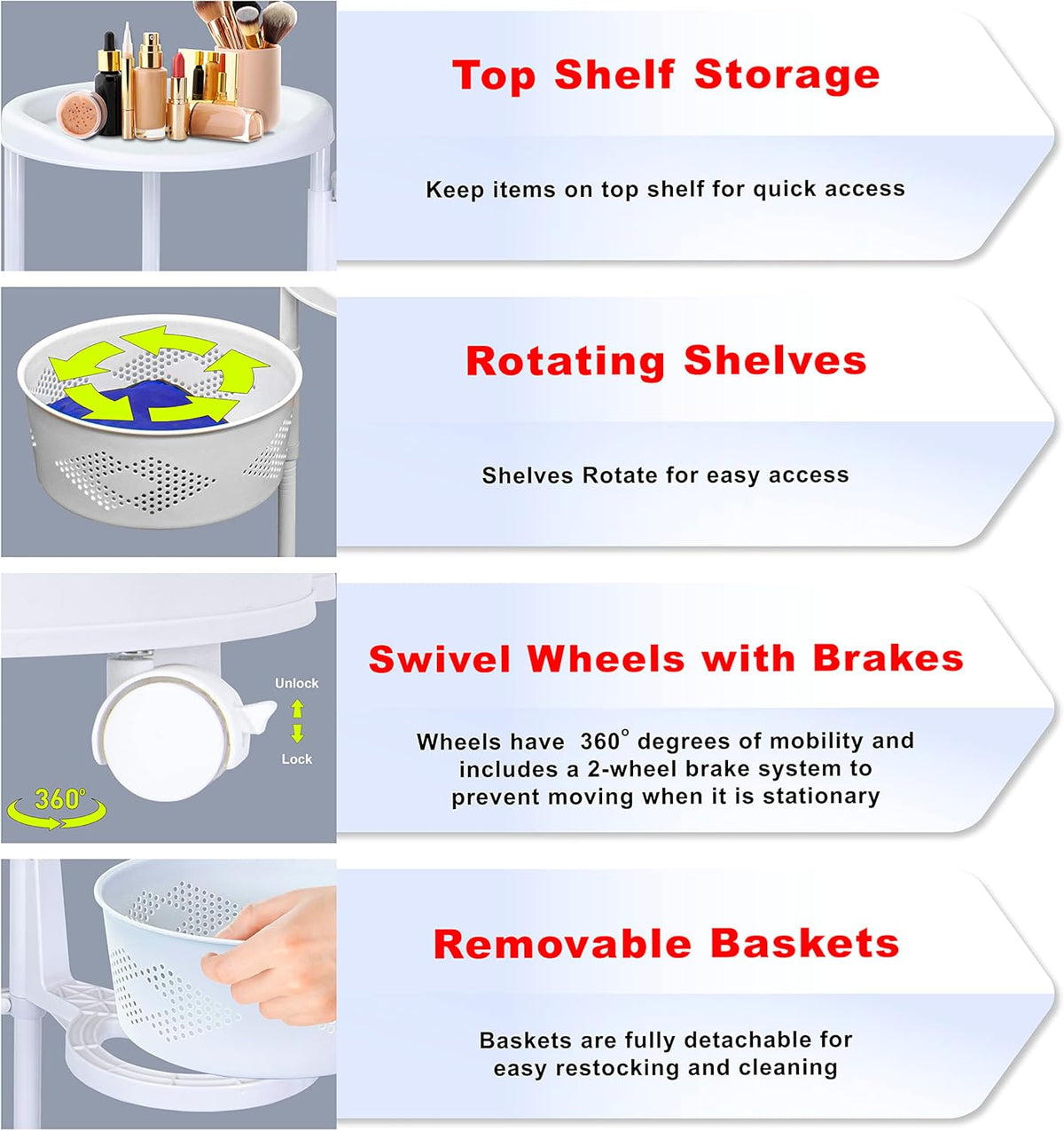 dbest Products Octopus 360 4 Tier Rolling cart Kitchen Organization Plastic Rotating Fruit Basket Teacher Classroom Supplies Organizer Makeup Storage Hair Salon Trolley Swivel Lockable Wheels Bar