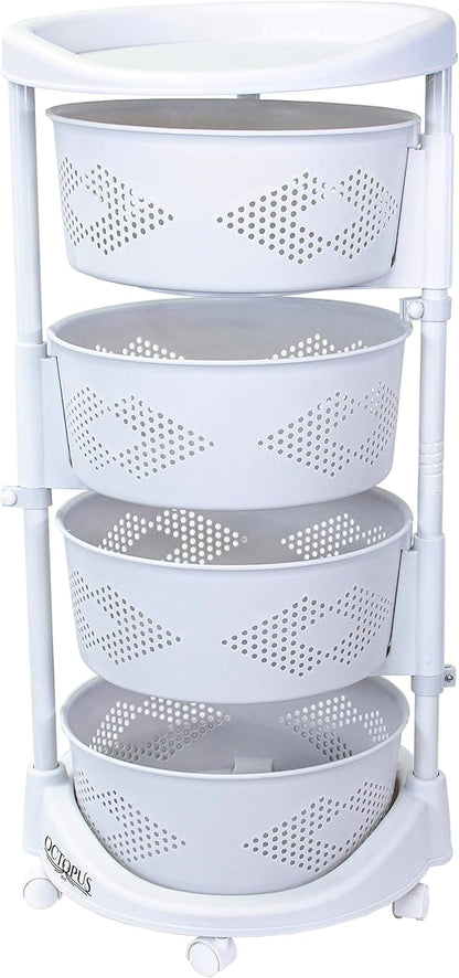 dbest Products Octopus 360 4 Tier Rolling cart Kitchen Organization Plastic Rotating Fruit Basket Teacher Classroom Supplies Organizer Makeup Storage Hair Salon Trolley Swivel Lockable Wheels Bar