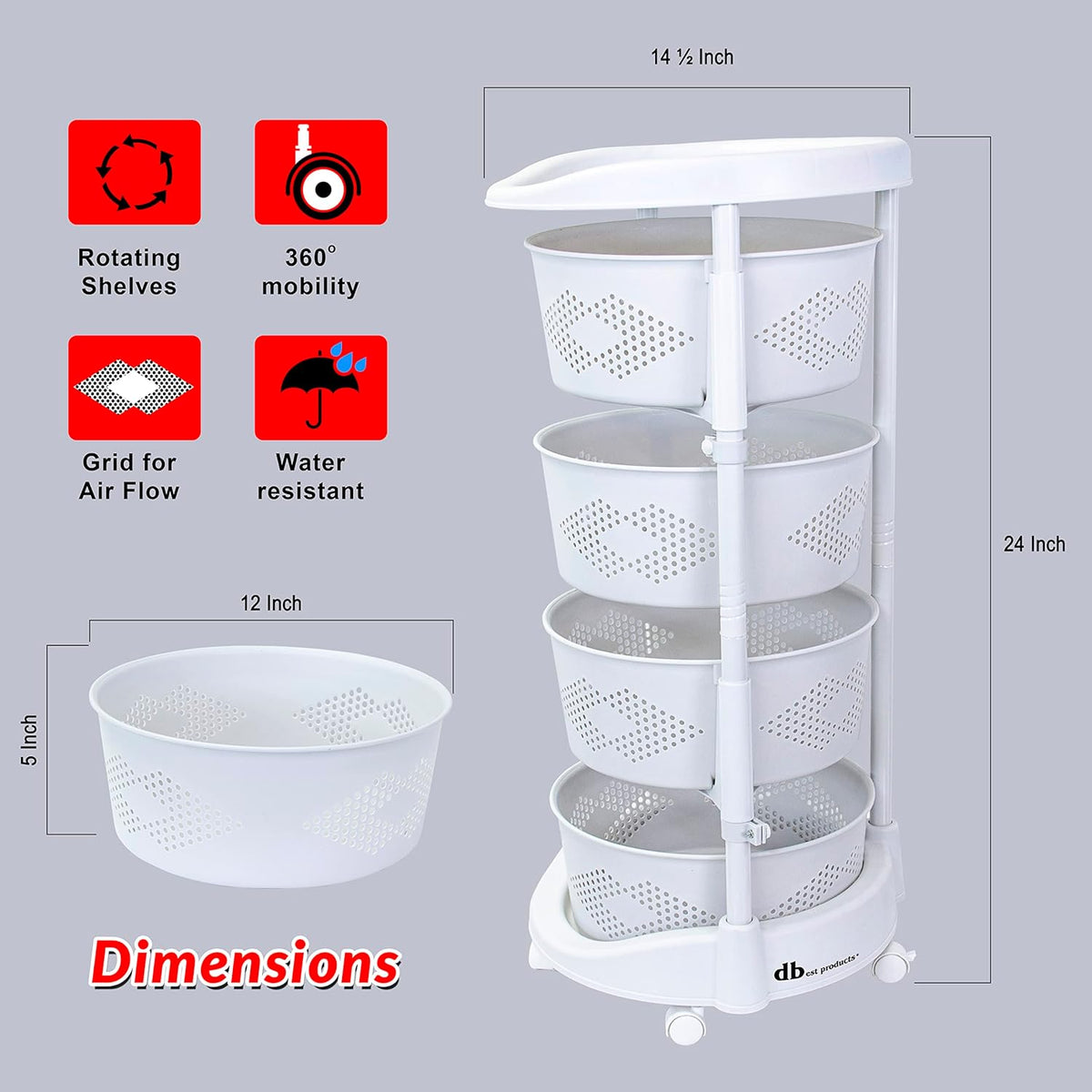 dbest Products Octopus 360 4 Tier Rolling cart Kitchen Organization Plastic Rotating Fruit Basket Teacher Classroom Supplies Organizer Makeup Storage Hair Salon Trolley Swivel Lockable Wheels Bar