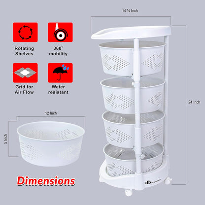 dbest Products Octopus 360 4 Tier Rolling cart Kitchen Organization Plastic Rotating Fruit Basket Teacher Classroom Supplies Organizer Makeup Storage Hair Salon Trolley Swivel Lockable Wheels Bar