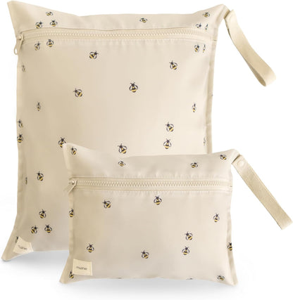 Water Resistant Wet Bags | Large & Small Reusable Storage Bag for Baby Items and Travel | Zippered Pockets with Handle | Machine Washable, Set of 2 (Bees)