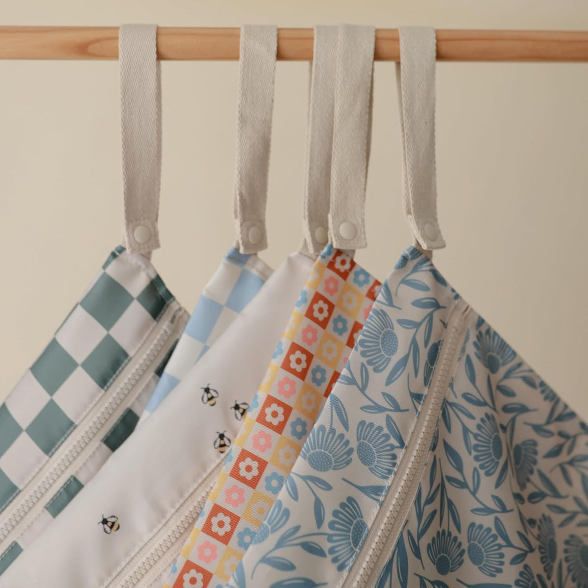 Water Resistant Wet Bags | Large & Small Reusable Storage Bag for Baby Items and Travel | Zippered Pockets with Handle | Machine Washable, Set of 2 (Bees)