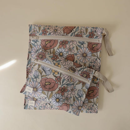 Water Resistant Wet Bags | Large & Small Reusable Storage Bag for Baby Items and Travel | Zippered Pockets with Handle | Machine Washable, Set of 2 (Bees)