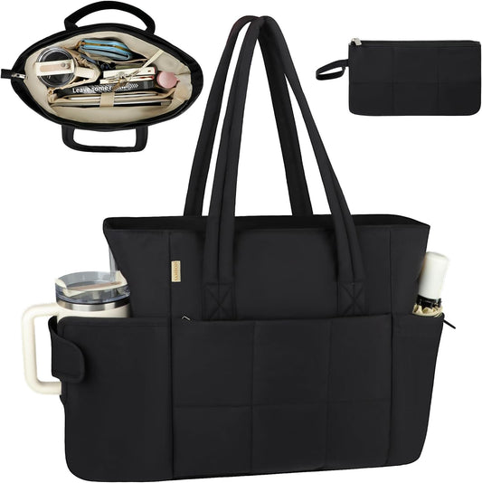 Puffer Tote Bag with Large Cup Holder& 15.6 Inch Laptop Compartment, Lightweight Puffy Work Bag with Water Bottle Pocket, Large Laptop Tote with Clutch Purse for Women Teacher Nurse (Black)