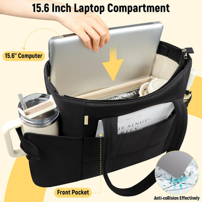 Puffer Tote Bag with Large Cup Holder& 15.6 Inch Laptop Compartment, Lightweight Puffy Work Bag with Water Bottle Pocket, Large Laptop Tote with Clutch Purse for Women Teacher Nurse (Black)