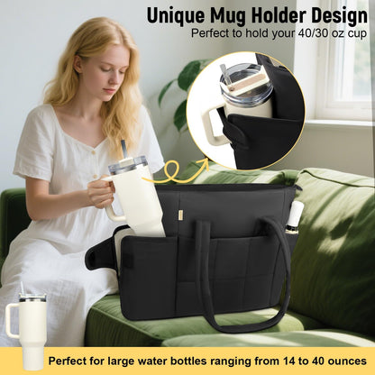 Puffer Tote Bag with Large Cup Holder& 15.6 Inch Laptop Compartment, Lightweight Puffy Work Bag with Water Bottle Pocket, Large Laptop Tote with Clutch Purse for Women Teacher Nurse (Black)