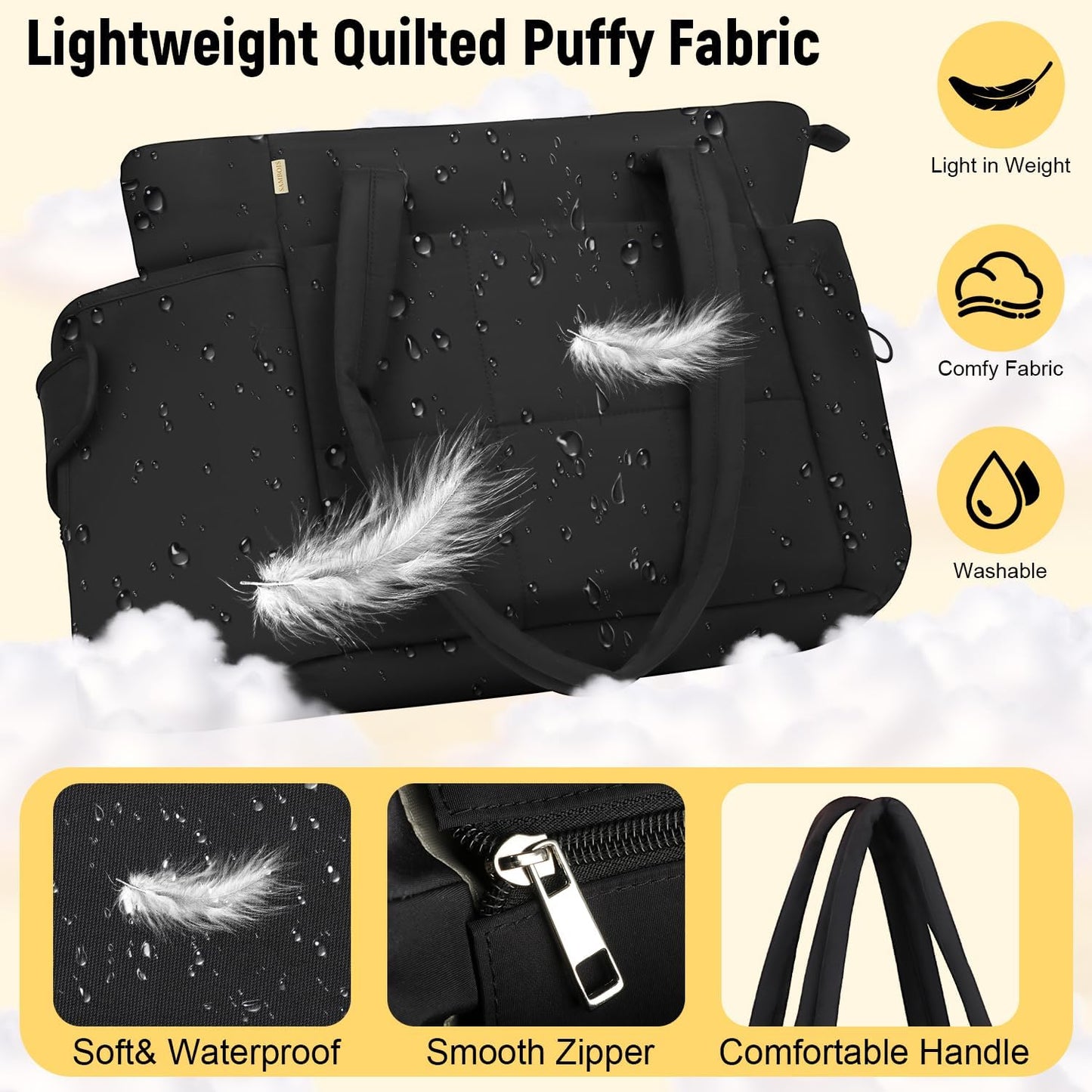 Puffer Tote Bag with Large Cup Holder& 15.6 Inch Laptop Compartment, Lightweight Puffy Work Bag with Water Bottle Pocket, Large Laptop Tote with Clutch Purse for Women Teacher Nurse (Black)