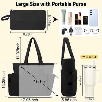 Puffer Tote Bag with Large Cup Holder& 15.6 Inch Laptop Compartment, Lightweight Puffy Work Bag with Water Bottle Pocket, Large Laptop Tote with Clutch Purse for Women Teacher Nurse (Black)