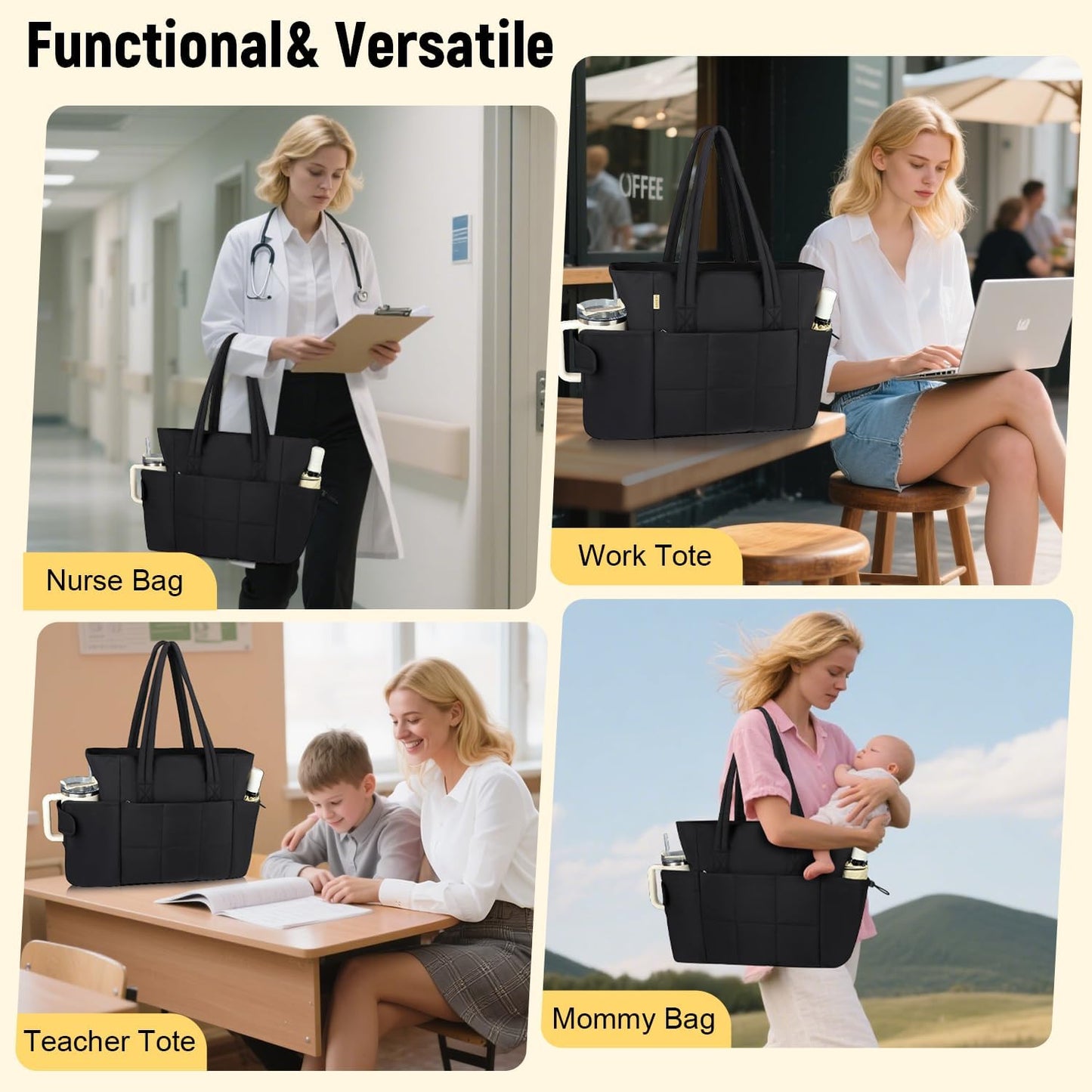 Puffer Tote Bag with Large Cup Holder& 15.6 Inch Laptop Compartment, Lightweight Puffy Work Bag with Water Bottle Pocket, Large Laptop Tote with Clutch Purse for Women Teacher Nurse (Black)