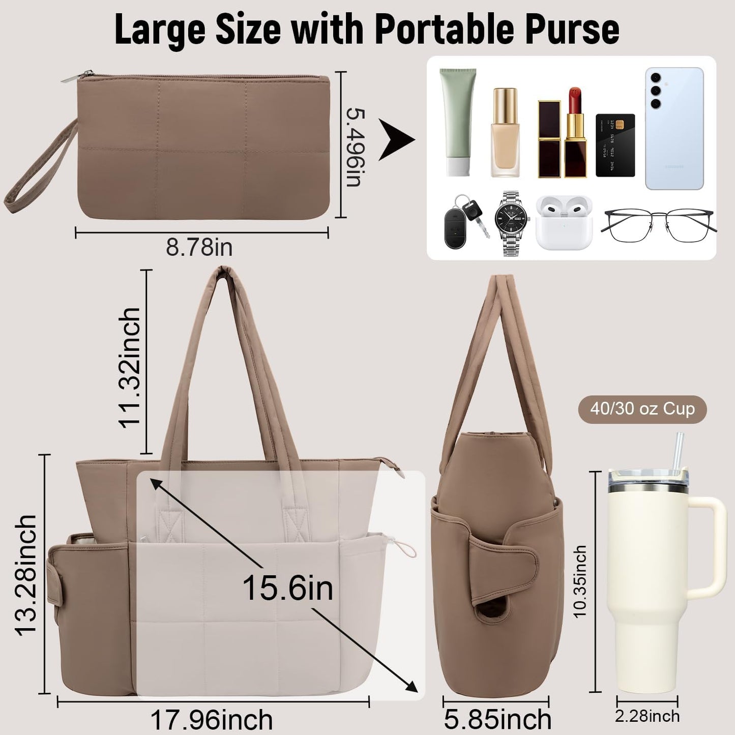 Puffer Tote Bag with Large Cup Holder& 15.6 Inch Laptop Compartment, Lightweight Puffy Work Bag with Water Bottle Pocket, Large Laptop Tote with Clutch Purse for Women Teacher Nurse (Black)