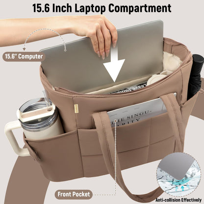 Puffer Tote Bag with Large Cup Holder& 15.6 Inch Laptop Compartment, Lightweight Puffy Work Bag with Water Bottle Pocket, Large Laptop Tote with Clutch Purse for Women Teacher Nurse (Black)