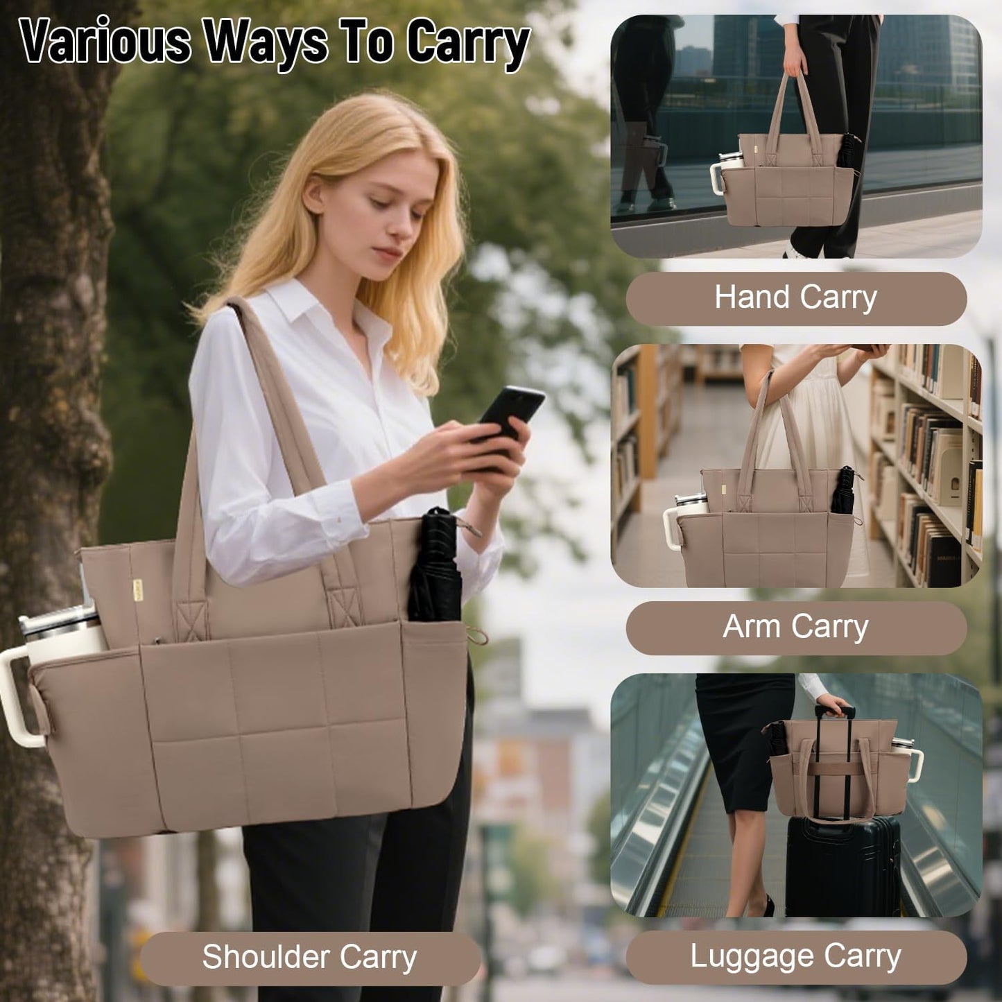 Puffer Tote Bag with Large Cup Holder& 15.6 Inch Laptop Compartment, Lightweight Puffy Work Bag with Water Bottle Pocket, Large Laptop Tote with Clutch Purse for Women Teacher Nurse (Black)