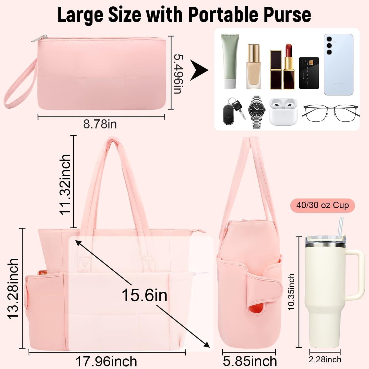 Puffer Tote Bag with Large Cup Holder& 15.6 Inch Laptop Compartment, Lightweight Puffy Work Bag with Water Bottle Pocket, Large Laptop Tote with Clutch Purse for Women Teacher Nurse (Black)