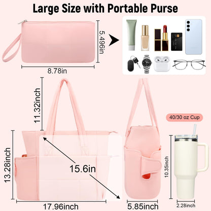 Puffer Tote Bag with Large Cup Holder& 15.6 Inch Laptop Compartment, Lightweight Puffy Work Bag with Water Bottle Pocket, Large Laptop Tote with Clutch Purse for Women Teacher Nurse (Black)