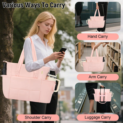 Puffer Tote Bag with Large Cup Holder& 15.6 Inch Laptop Compartment, Lightweight Puffy Work Bag with Water Bottle Pocket, Large Laptop Tote with Clutch Purse for Women Teacher Nurse (Black)