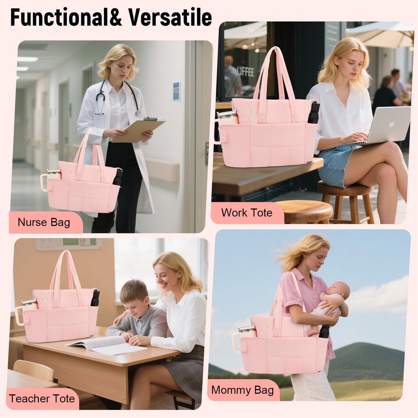 Puffer Tote Bag with Large Cup Holder& 15.6 Inch Laptop Compartment, Lightweight Puffy Work Bag with Water Bottle Pocket, Large Laptop Tote with Clutch Purse for Women Teacher Nurse (Black)