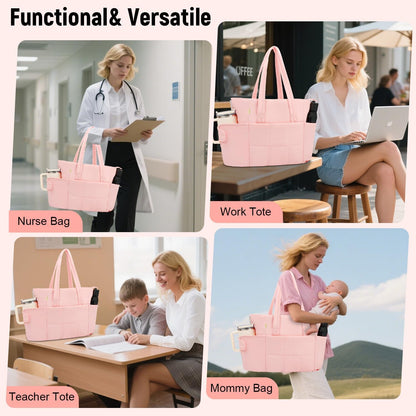 Puffer Tote Bag with Large Cup Holder& 15.6 Inch Laptop Compartment, Lightweight Puffy Work Bag with Water Bottle Pocket, Large Laptop Tote with Clutch Purse for Women Teacher Nurse (Black)