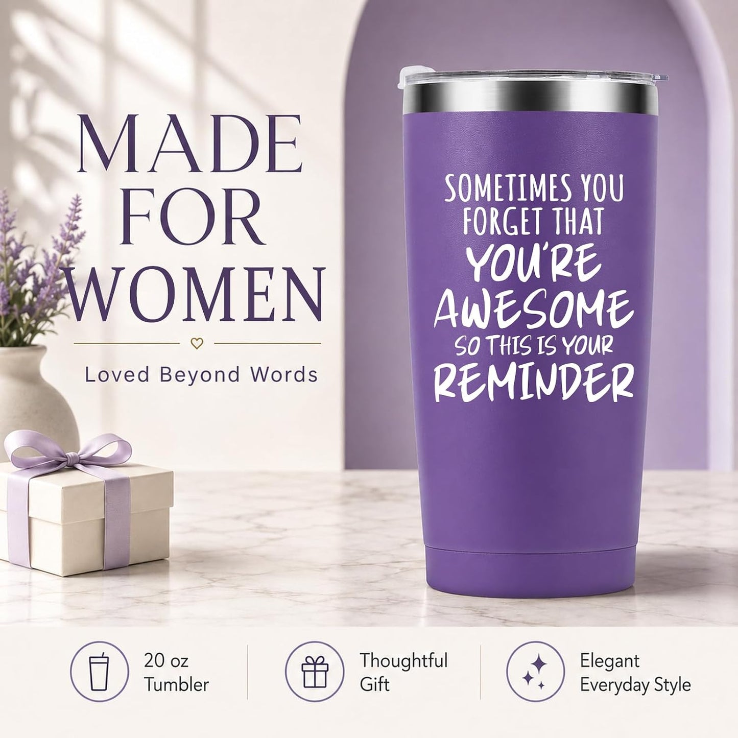 Inspirational Purple Tumbler for Women – “You’re Awesome” 20oz Stainless Steel Travel Mug, Perfect Birthday, Graduation & Holiday Gift for Her, Best Friends, Coworkers, Teachers, Sister