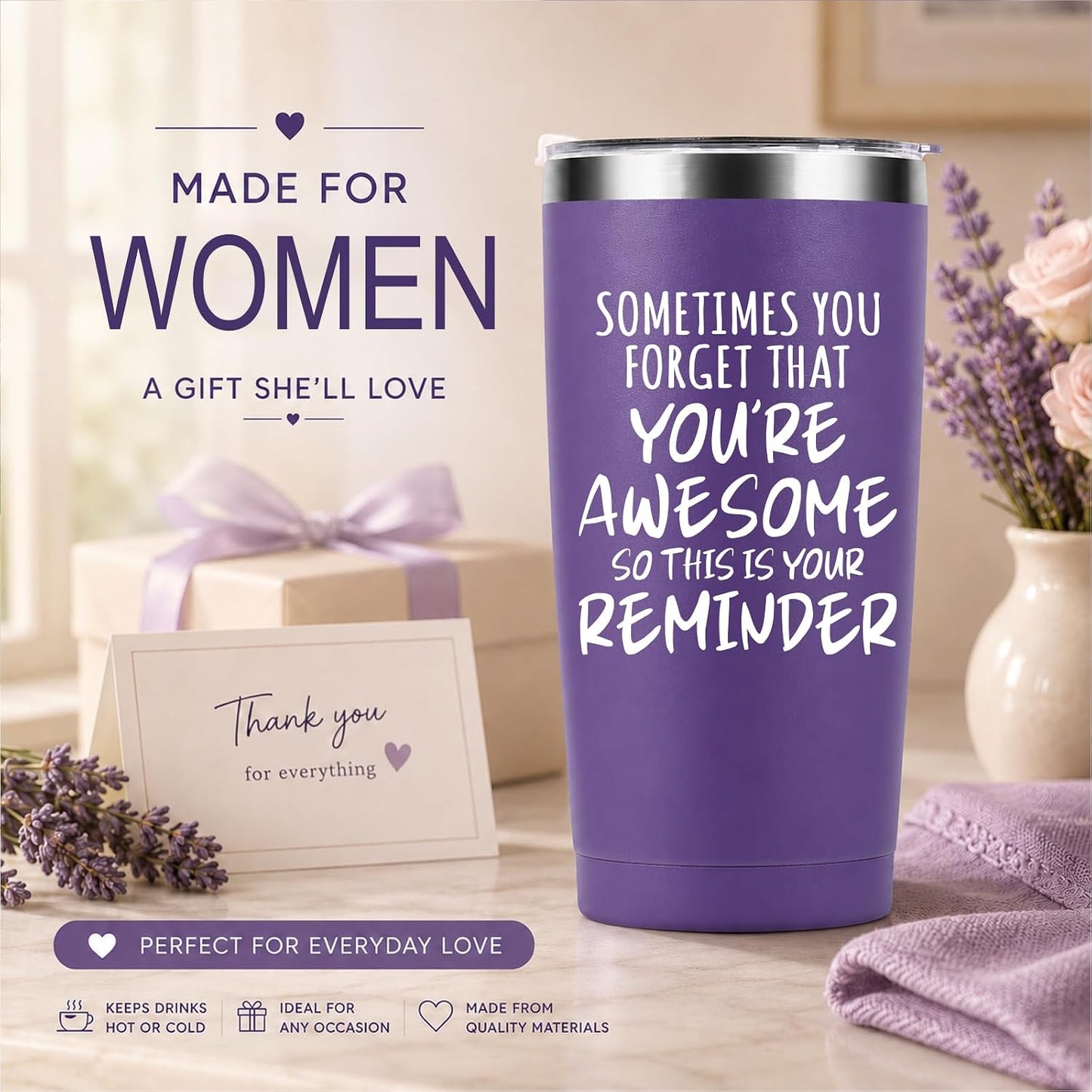Inspirational Purple Tumbler for Women – “You’re Awesome” 20oz Stainless Steel Travel Mug, Perfect Birthday, Graduation & Holiday Gift for Her, Best Friends, Coworkers, Teachers, Sister
