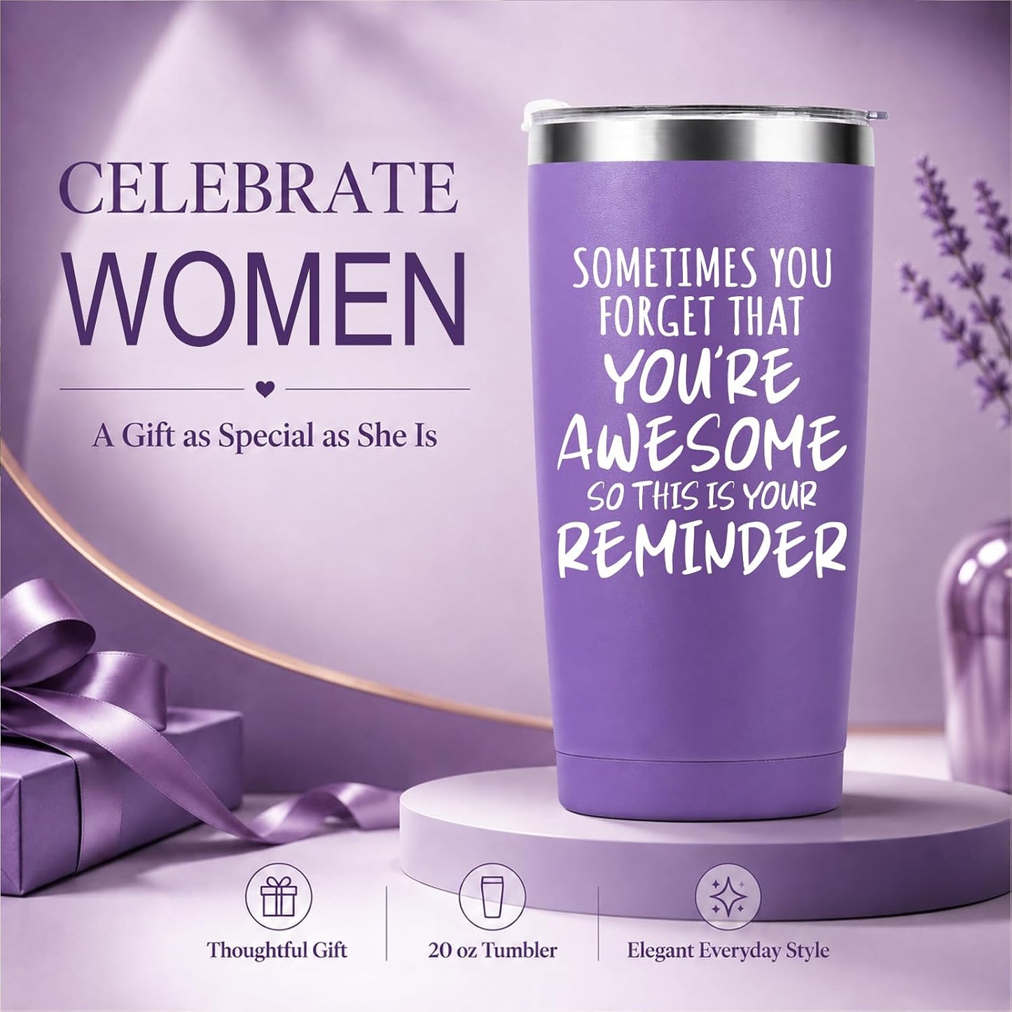 Inspirational Purple Tumbler for Women – “You’re Awesome” 20oz Stainless Steel Travel Mug, Perfect Birthday, Graduation & Holiday Gift for Her, Best Friends, Coworkers, Teachers, Sister
