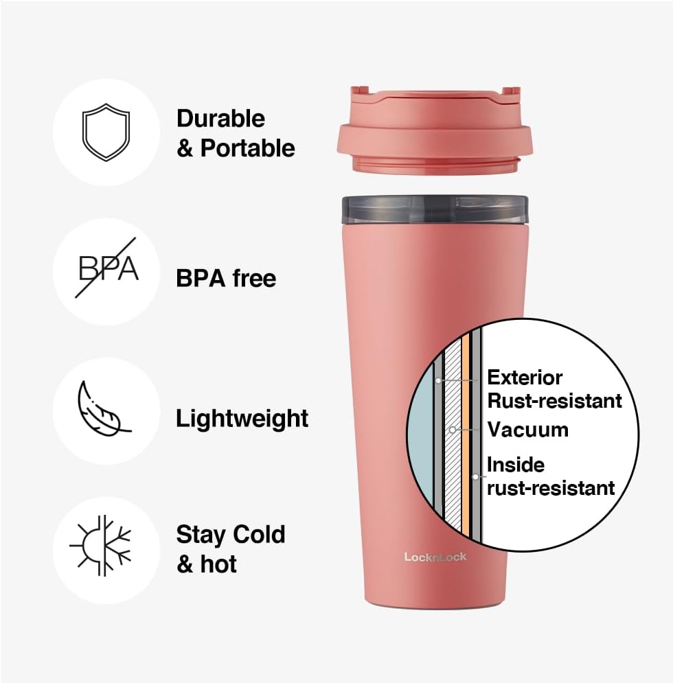Clip Tumbler Black 18oz, Coffee Tumbler with Leak Proof Lid, BPA-Free Double Wall Stainless Steel Vacuum Insulated Travel Mug Cup for Hot & Cold Beverage
