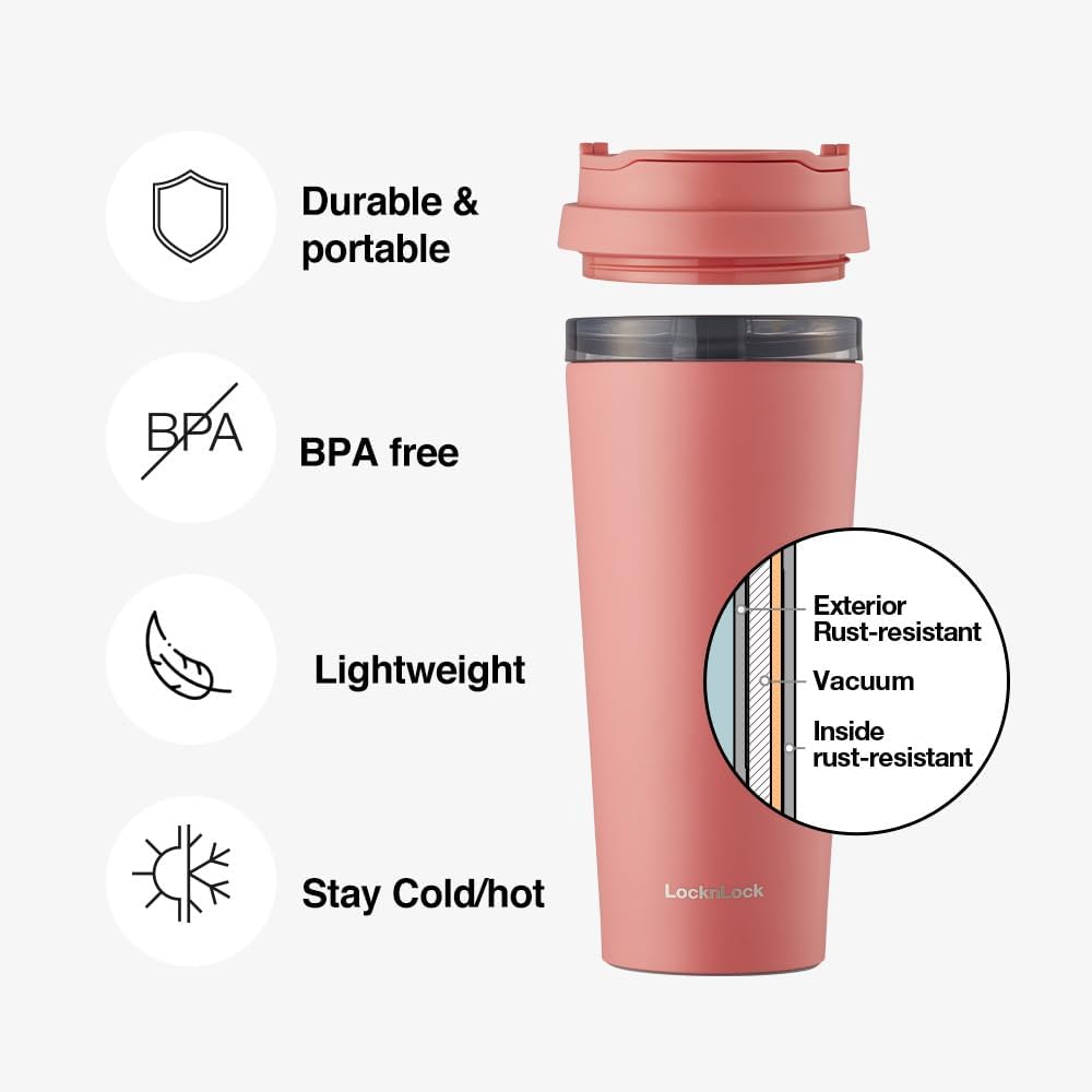 Clip Tumbler Black 18oz, Coffee Tumbler with Leak Proof Lid, BPA-Free Double Wall Stainless Steel Vacuum Insulated Travel Mug Cup for Hot & Cold Beverage