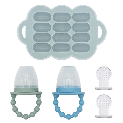 Silicone Baby Food Feeders + Freezer Tray for Batch Prep, Set of 2, Introduce New Foods Safely, Double as Teething Toys, Includes 2 Extra Pouches & Travel Lids, Dishwasher Safe