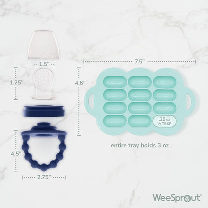 Silicone Baby Food Feeders + Freezer Tray for Batch Prep, Set of 2, Introduce New Foods Safely, Double as Teething Toys, Includes 2 Extra Pouches & Travel Lids, Dishwasher Safe
