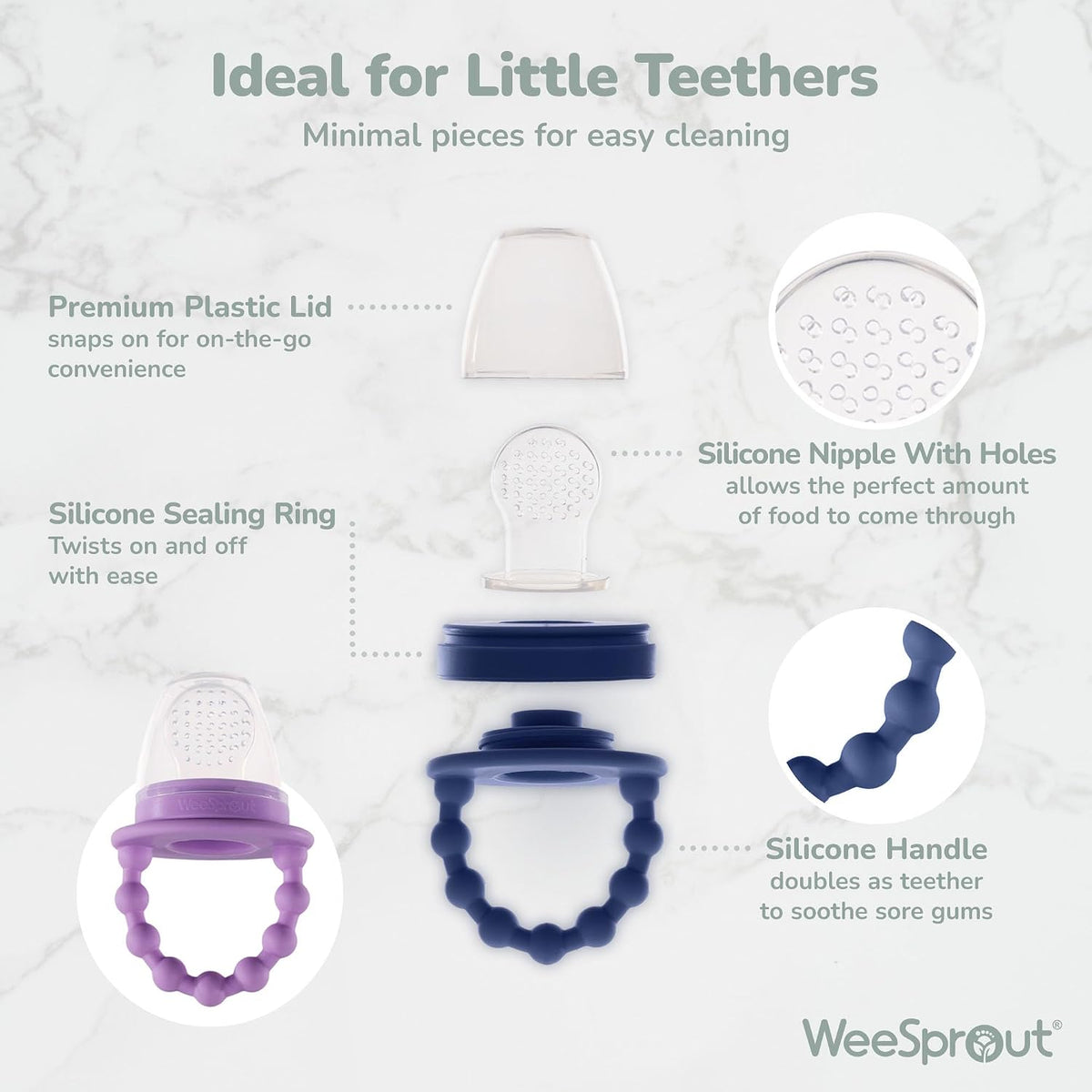 Silicone Baby Food Feeders + Freezer Tray for Batch Prep, Set of 2, Introduce New Foods Safely, Double as Teething Toys, Includes 2 Extra Pouches & Travel Lids, Dishwasher Safe