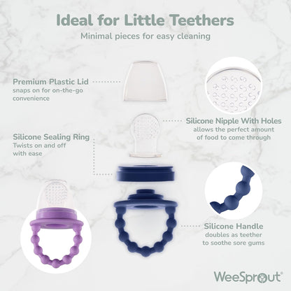 Silicone Baby Food Feeders + Freezer Tray for Batch Prep, Set of 2, Introduce New Foods Safely, Double as Teething Toys, Includes 2 Extra Pouches & Travel Lids, Dishwasher Safe