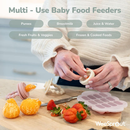 Silicone Baby Food Feeders + Freezer Tray for Batch Prep, Set of 2, Introduce New Foods Safely, Double as Teething Toys, Includes 2 Extra Pouches & Travel Lids, Dishwasher Safe