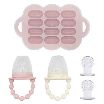 Silicone Baby Food Feeders + Freezer Tray for Batch Prep, Set of 2, Introduce New Foods Safely, Double as Teething Toys, Includes 2 Extra Pouches & Travel Lids, Dishwasher Safe