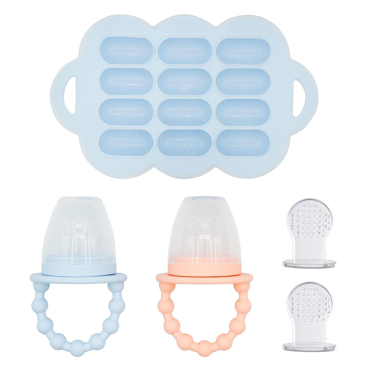Silicone Baby Food Feeders + Freezer Tray for Batch Prep, Set of 2, Introduce New Foods Safely, Double as Teething Toys, Includes 2 Extra Pouches & Travel Lids, Dishwasher Safe