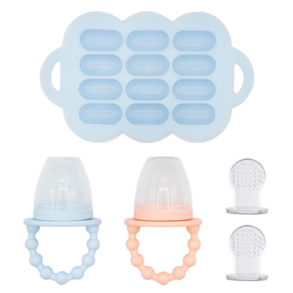 Silicone Baby Food Feeders + Freezer Tray for Batch Prep, Set of 2, Introduce New Foods Safely, Double as Teething Toys, Includes 2 Extra Pouches & Travel Lids, Dishwasher Safe
