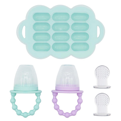 Silicone Baby Food Feeders + Freezer Tray for Batch Prep, Set of 2, Introduce New Foods Safely, Double as Teething Toys, Includes 2 Extra Pouches & Travel Lids, Dishwasher Safe
