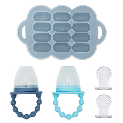 Silicone Baby Food Feeders + Freezer Tray for Batch Prep, Set of 2, Introduce New Foods Safely, Double as Teething Toys, Includes 2 Extra Pouches & Travel Lids, Dishwasher Safe