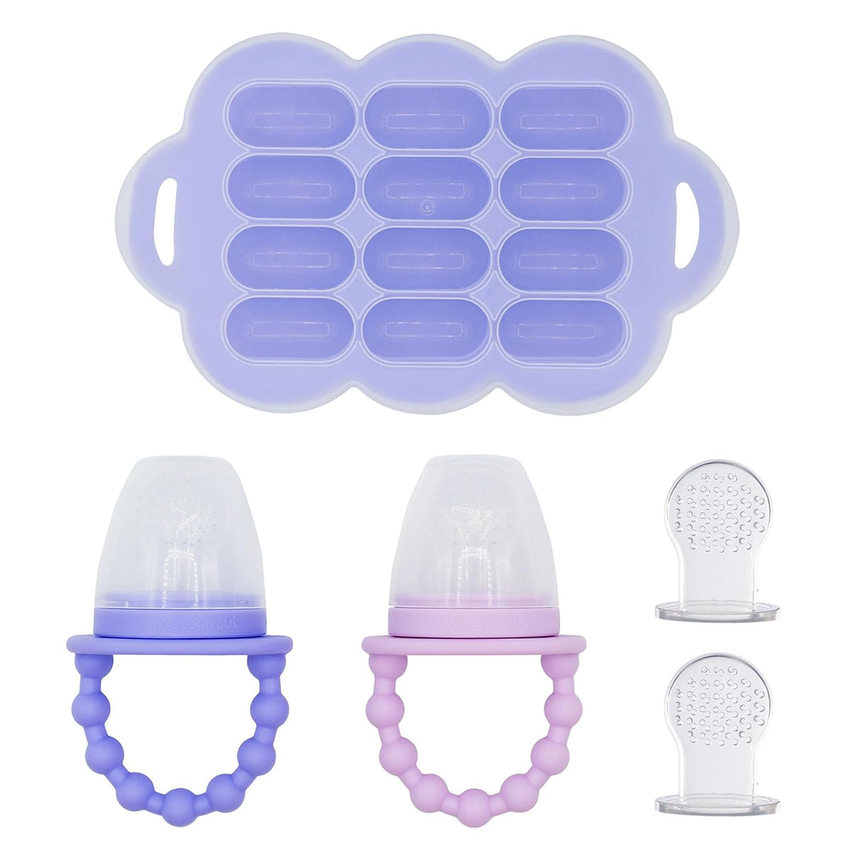 Silicone Baby Food Feeders + Freezer Tray for Batch Prep, Set of 2, Introduce New Foods Safely, Double as Teething Toys, Includes 2 Extra Pouches & Travel Lids, Dishwasher Safe