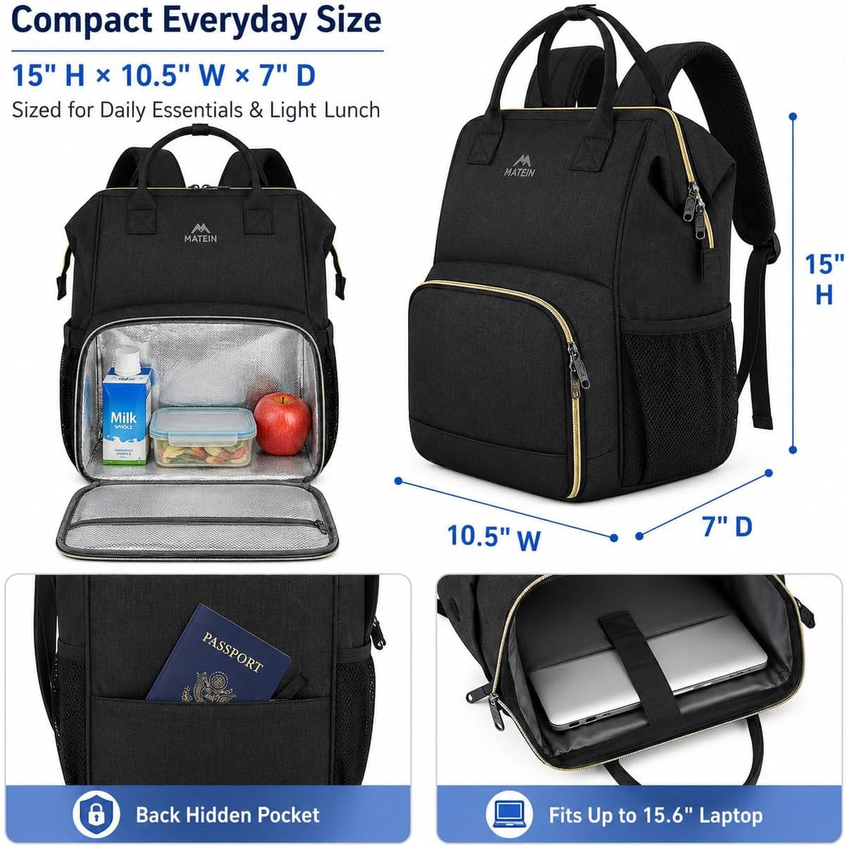 Insulated Lunch Backpack for Women, 15.6 Inch Work Laptop Backpack