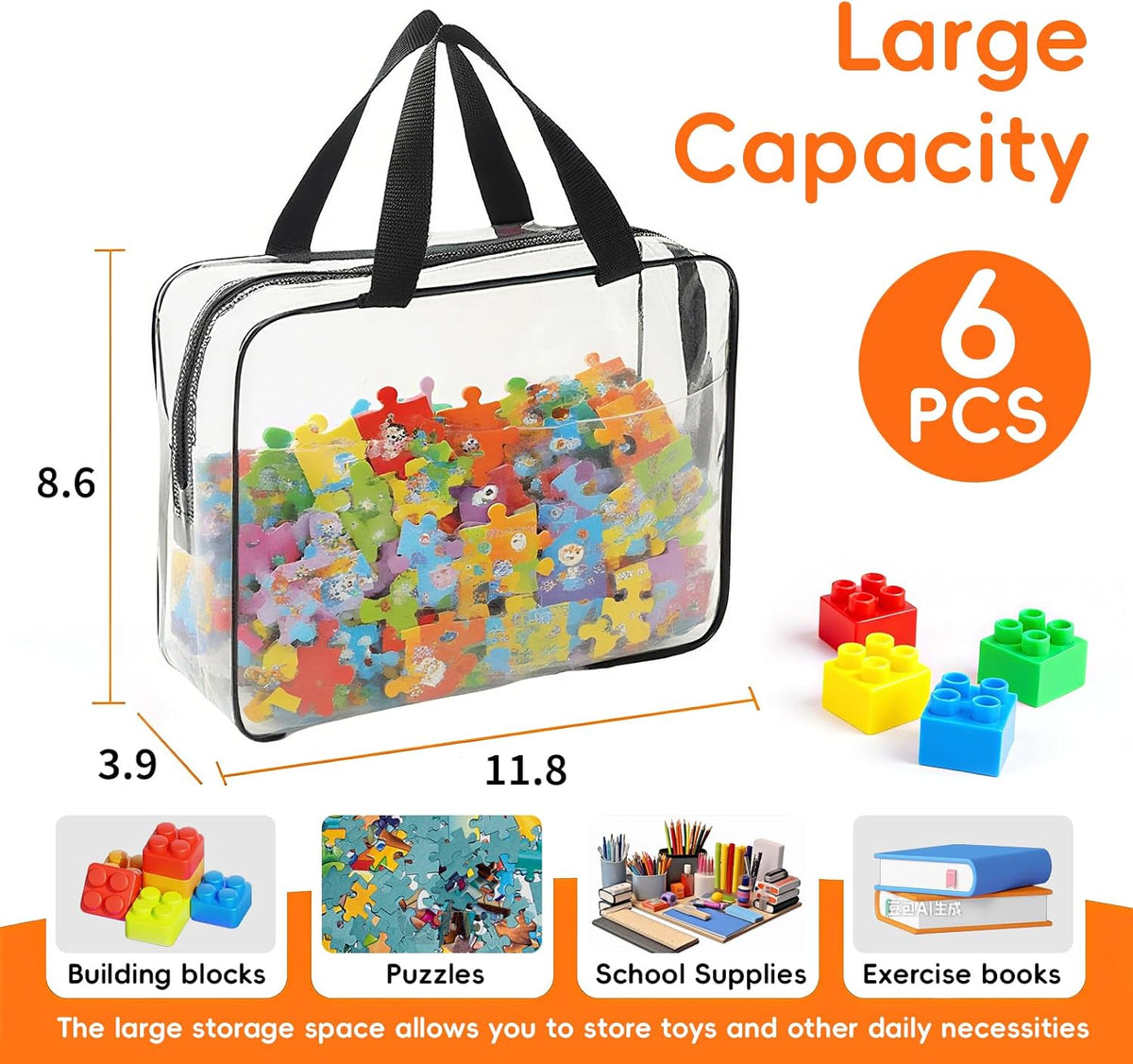 6 Pcs Storage Bags with Zipper - Large Board Game Storage with Labels, Clear & Waterproof Toy Organizer for Building Blocks, Puzzles (Black)