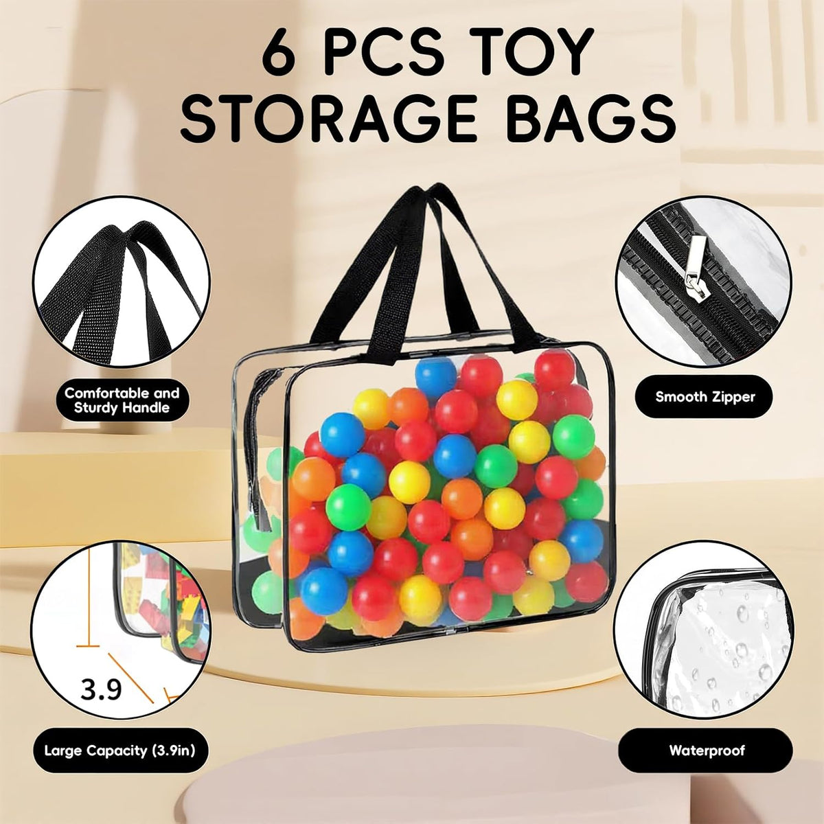 6 Pcs Storage Bags with Zipper - Large Board Game Storage with Labels, Clear & Waterproof Toy Organizer for Building Blocks, Puzzles (Black)